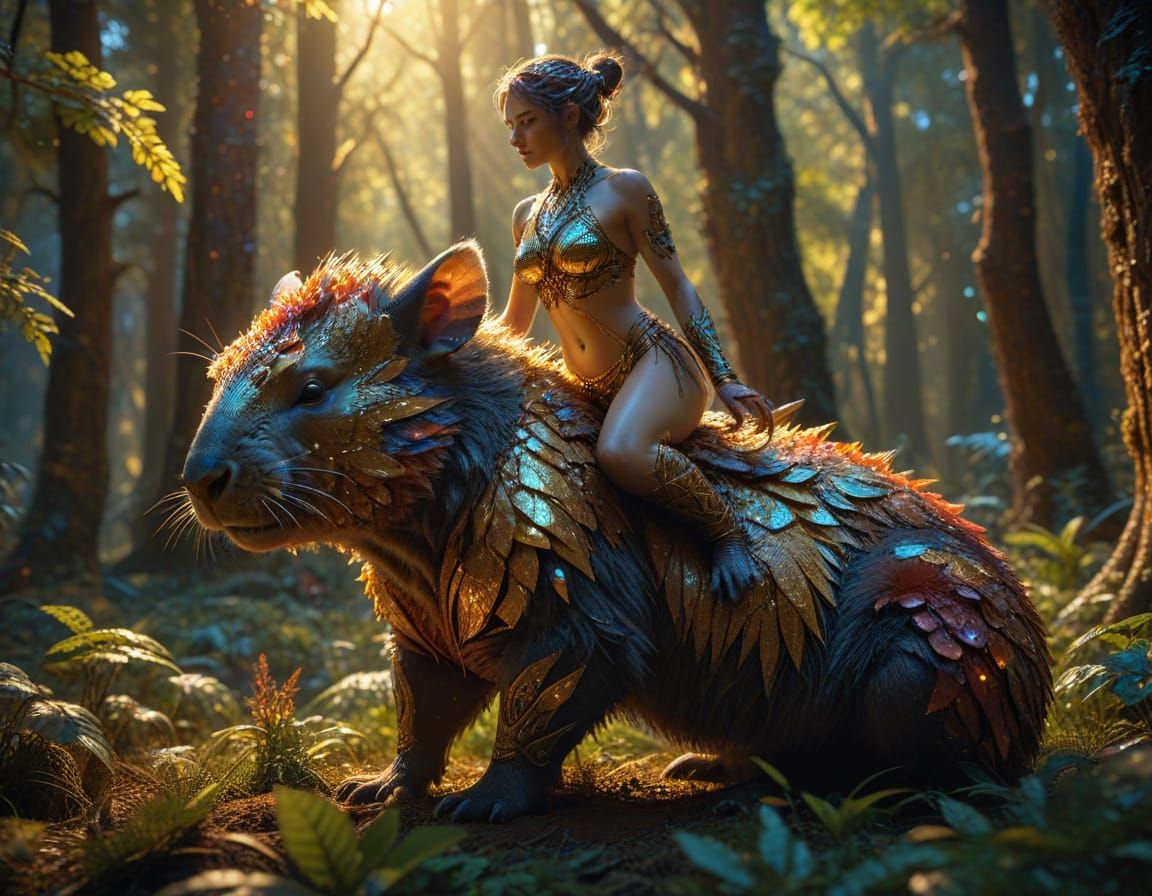 Pixie Riding a Majestic Wombat-Iron Boar in a Vibrant Forest