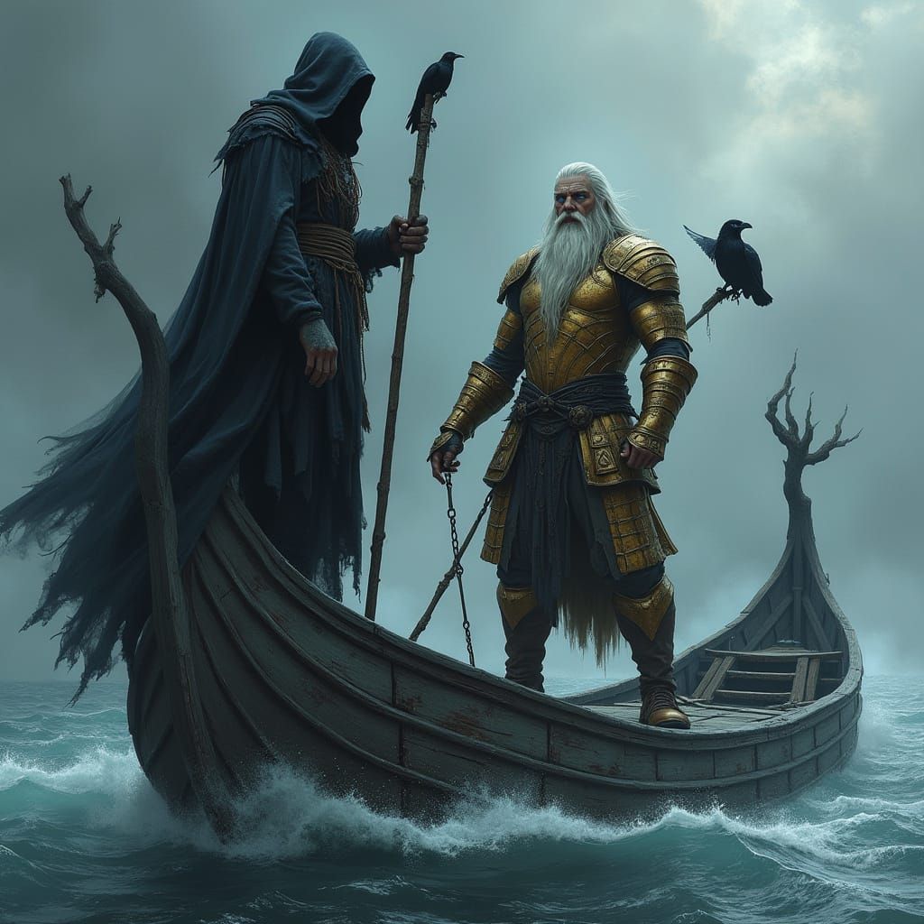 Viking Gods on a Stormy Sea in Mythic Dark Fantasy Style