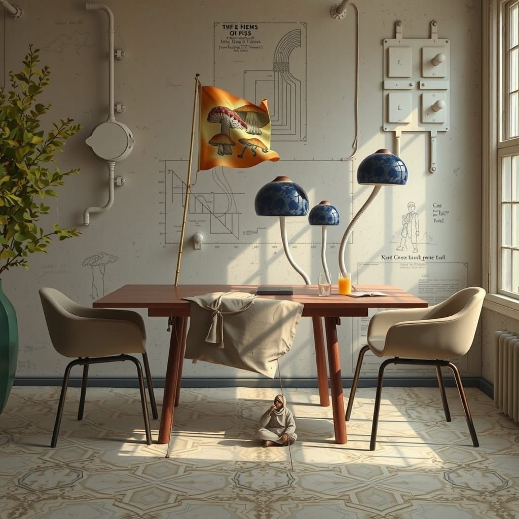 Dreamlike Landscape of Mushroom Flags and Brutalist Cabin