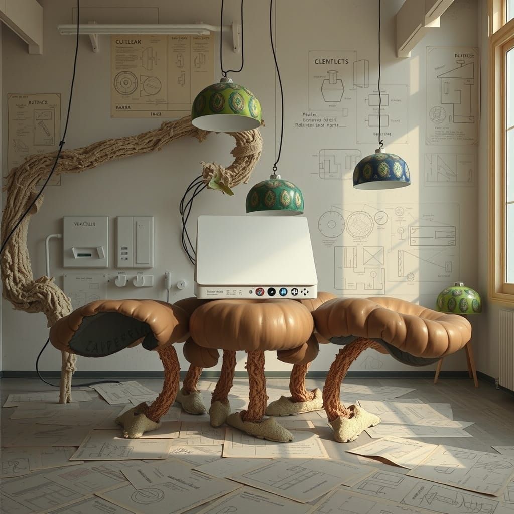 Surreal, Hyperreal Scene of Twisted Gum Cabin and Fungal Gro...