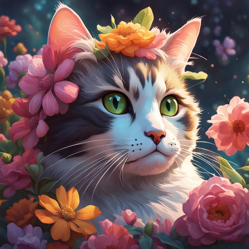 Cute Cat with Flowers Portrait in Detailed Digital Art