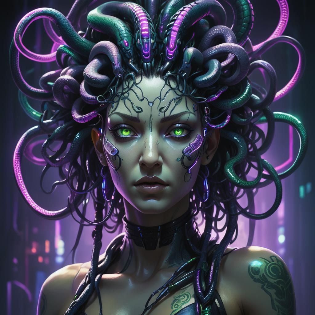 Cyberpunk Medusa with Cybernetic Snakes and Neon Lights