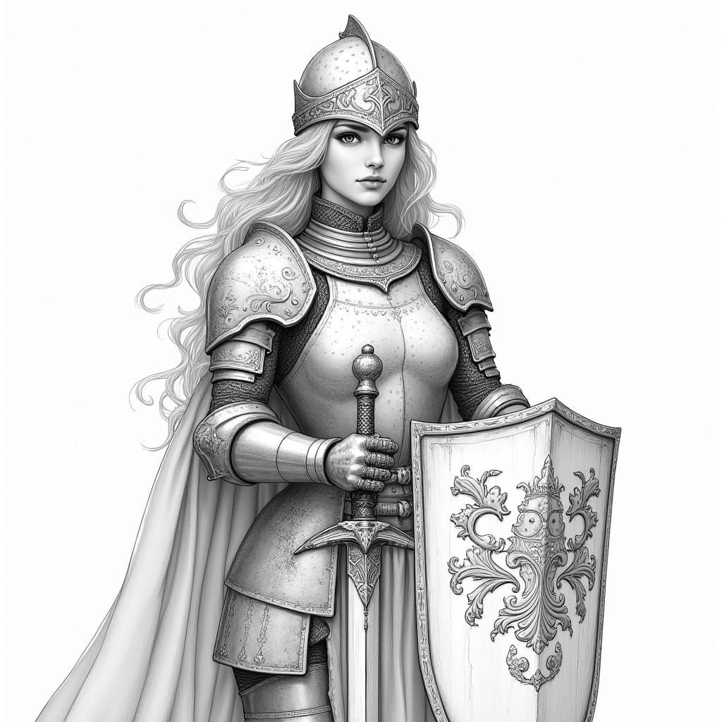 Regal Knightess in Black and White Line Drawing