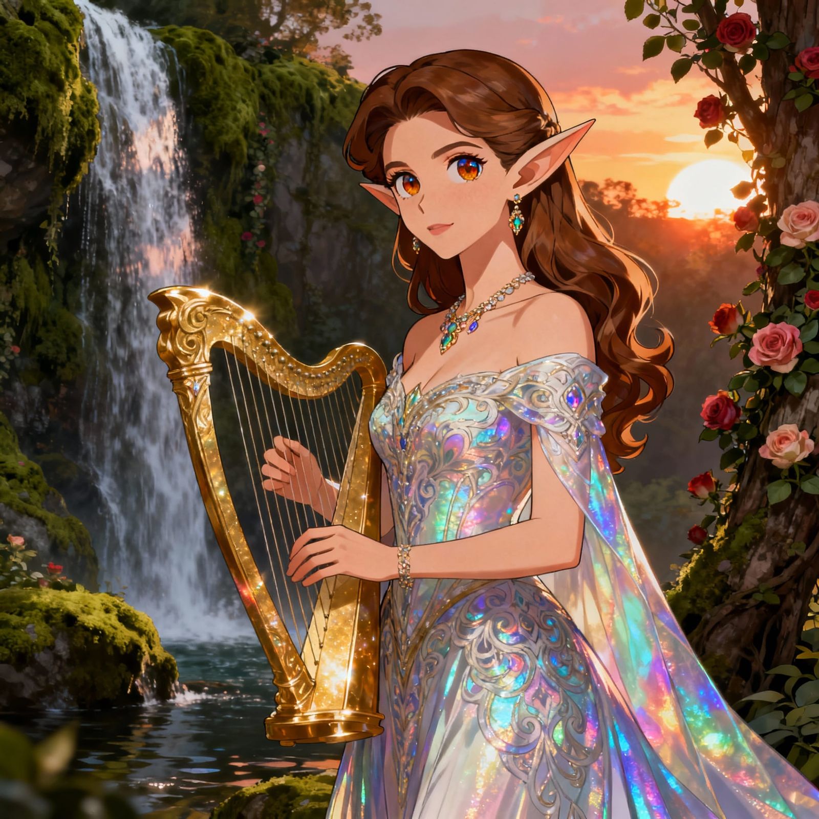 Elegant Elf Queen Holding Golden Harp at Sunset