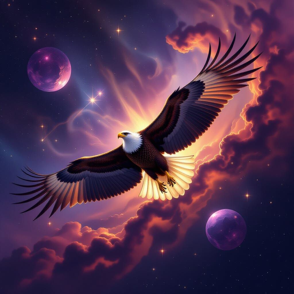 Majestic Gold Eagle Soars Through Cosmic Nebula