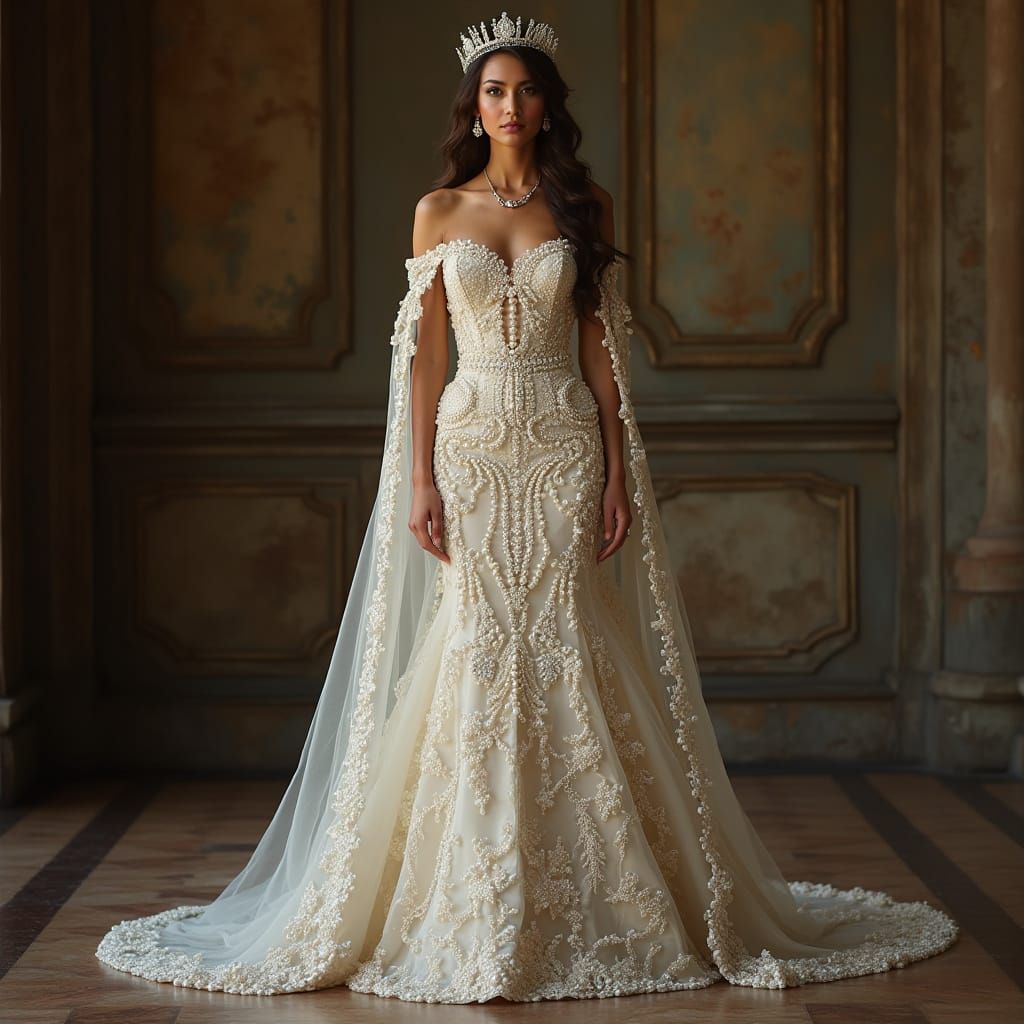Regal Pearl and Diamond Queen in Luxurious Gown