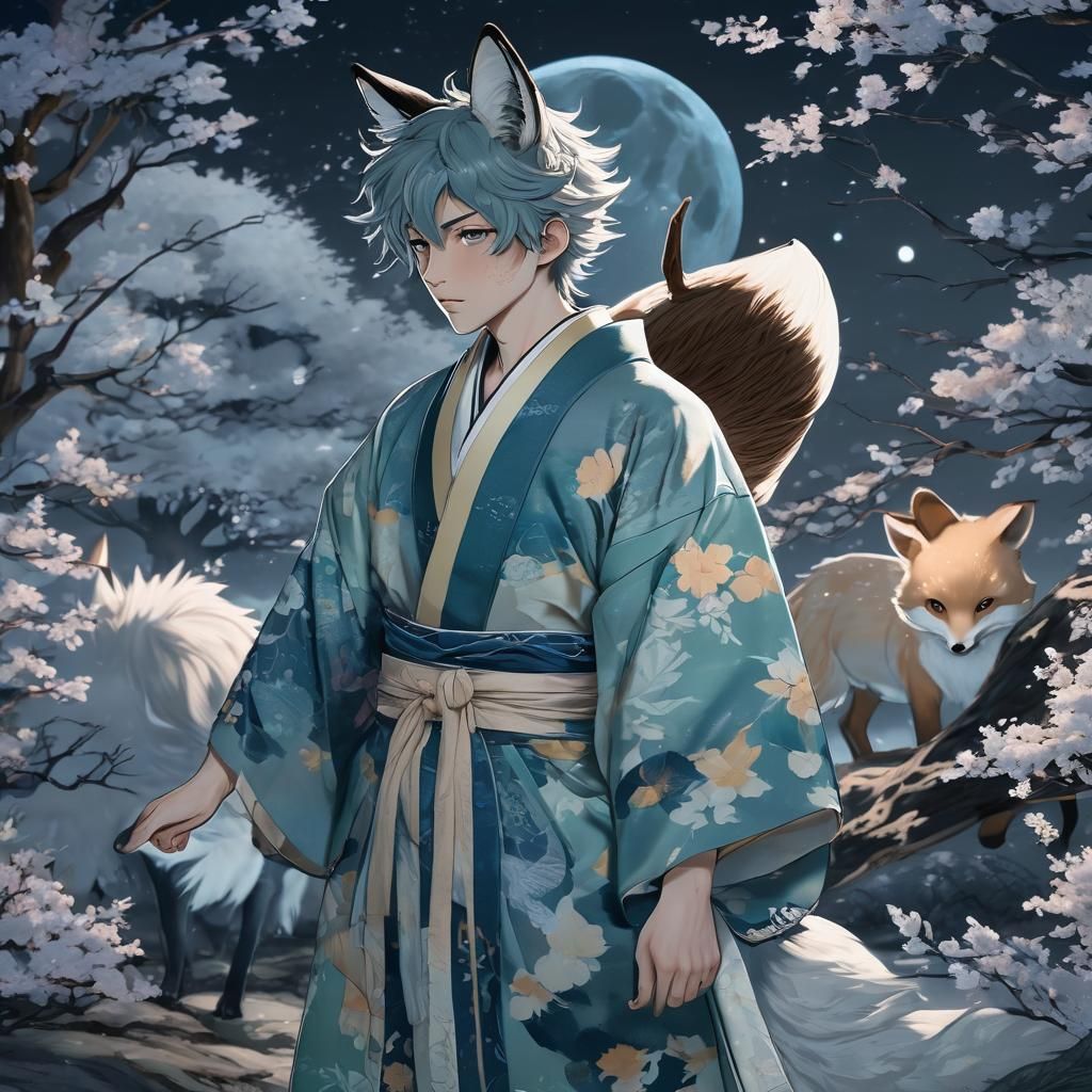 Anime Fox-Boy in Kimono Under Moonlight