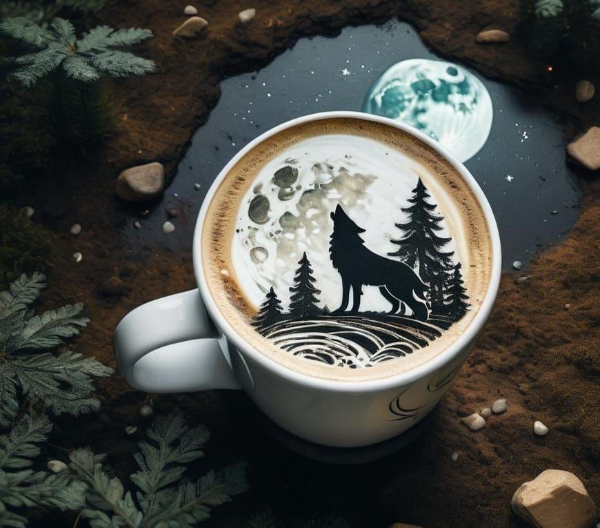 Full Moon Silhouette of a Wolf in Latte Foam on Boulder