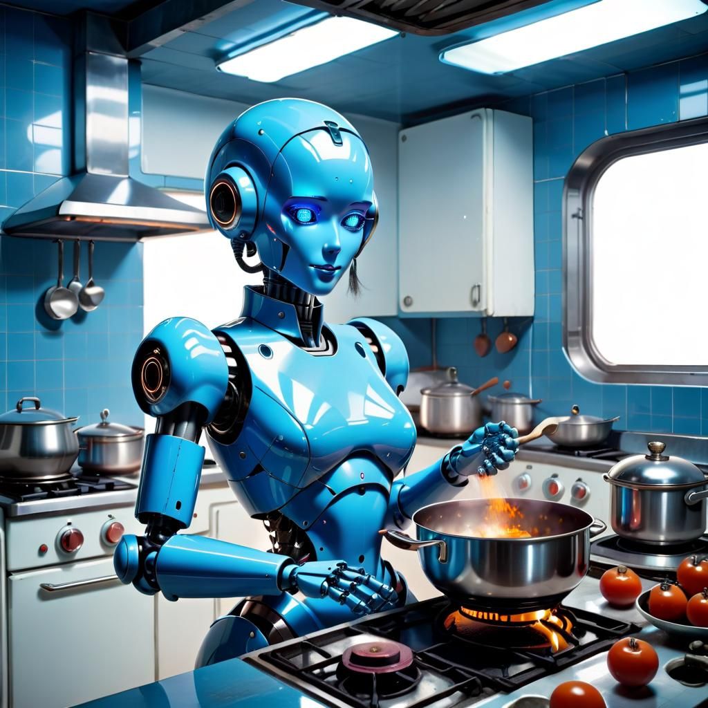 Retrofuturistic Blue Robot Cooking