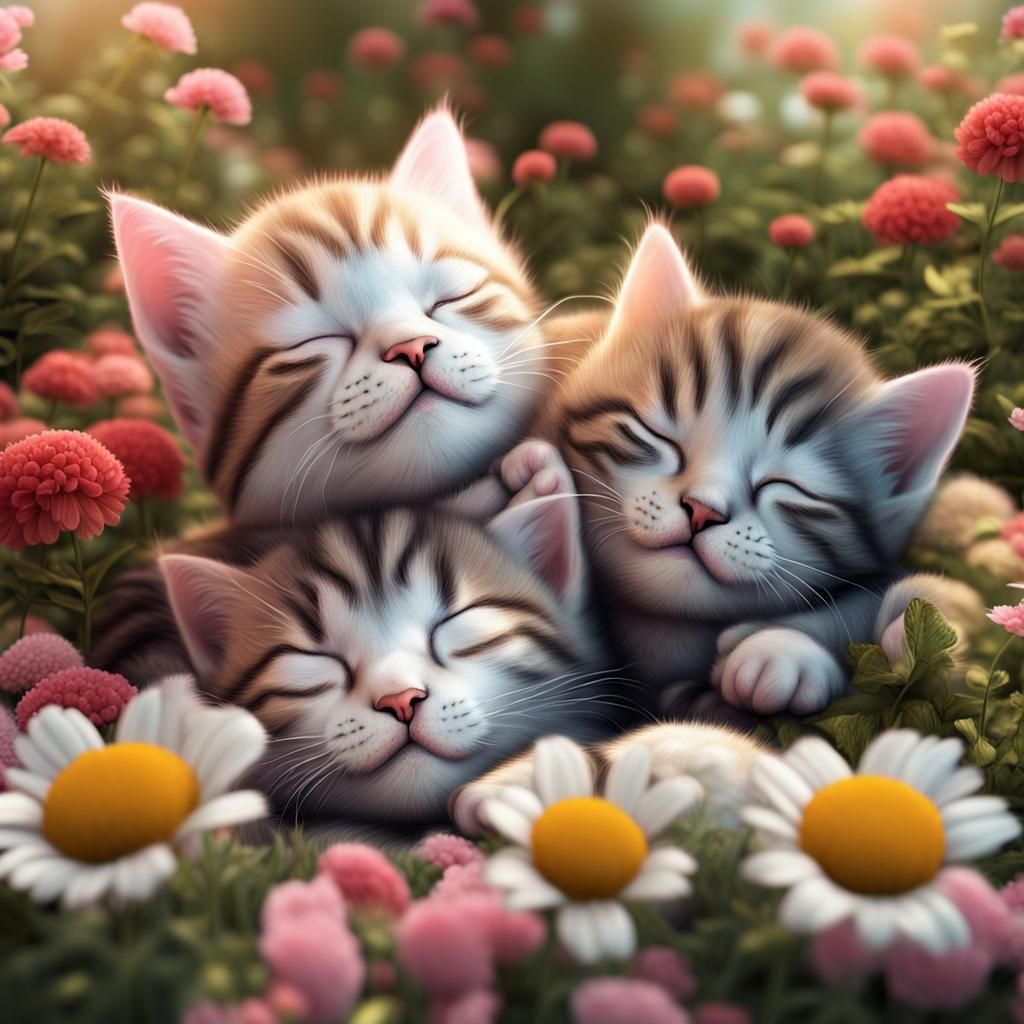 Adorable Baby Cats Sleeping in Flower Bed