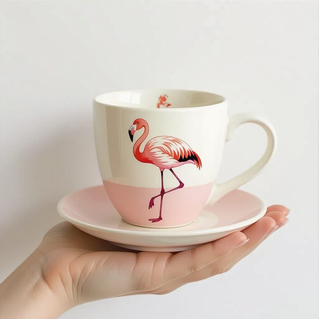 Delicate Flamingo Mug Held in Hand with Watercolor Style