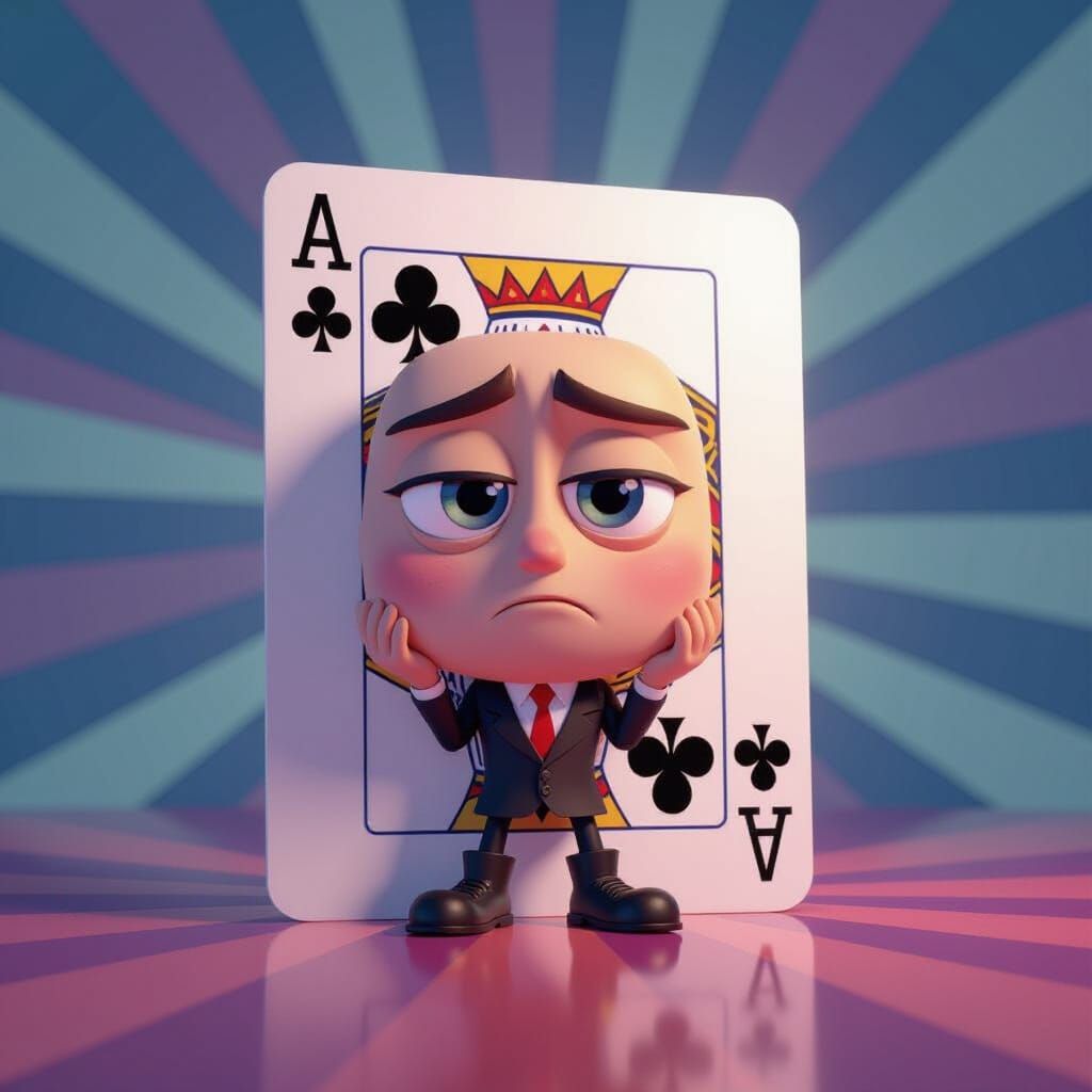 Dejected Three of Clubs Card in Vibrant 3D Animation Style