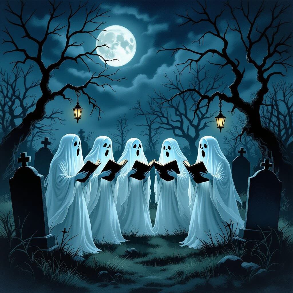Ghostly Carolers in Moonlit Graveyard