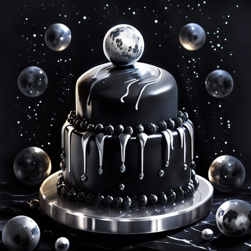 Glossy Goth Cake in Moonlight with Silver Spheres