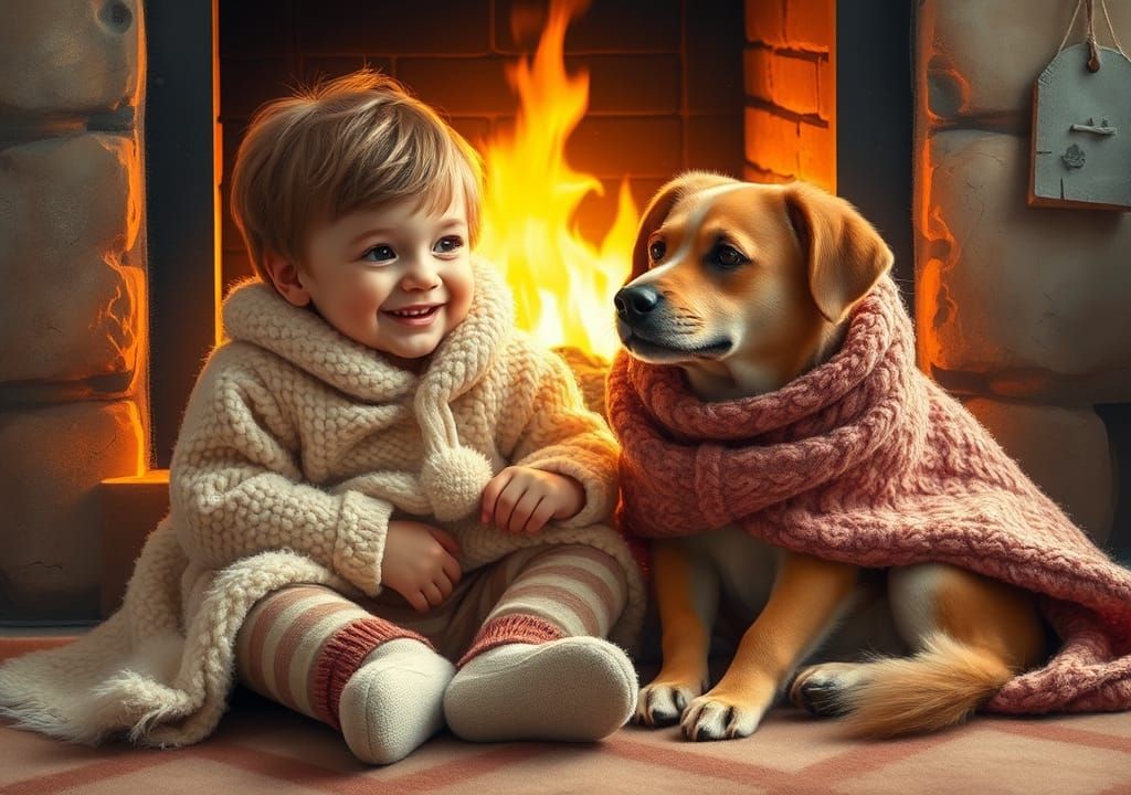 Cozy Toddler and Dog by Fireplace, Dreamy Ethereal Scene