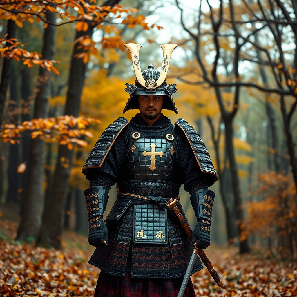 Samurai Warrior in Autumn Forest, Inspired by Shūbun Tenshō