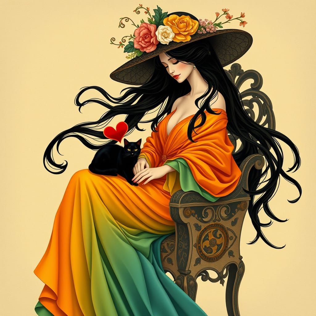 Woman in Flux Style with Ornate Hat and Black Cat