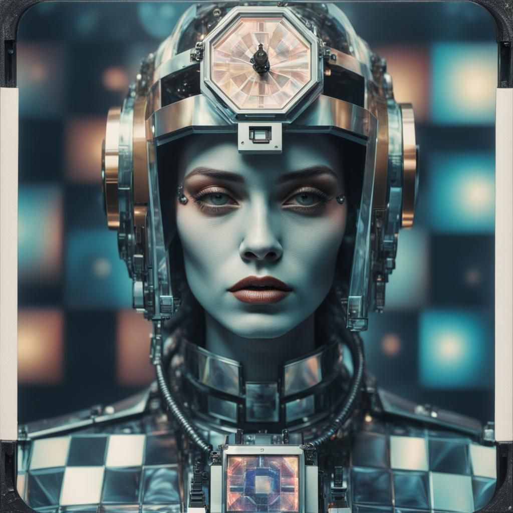 Cybernetic Model in Retro-Futuristic Polaroid Portrait