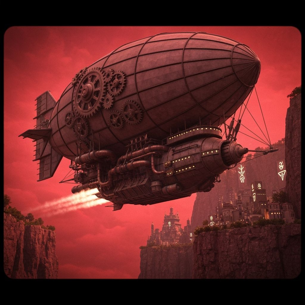 Dieselpunk Airship Soaring Through Crimson Skies