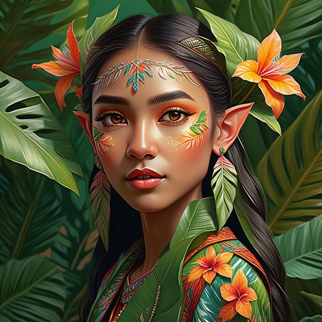 Tropical Elf Portrait in Hyperrealistic Style