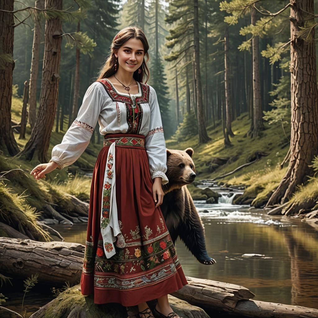 Bulgarian Woman and Bear in Pine Forest