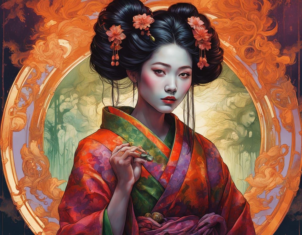 Dark Fantasy Geisha Reflects in Mirror, Neon Details