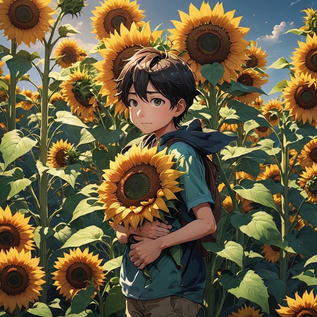 Boy's Gentle Hug with Giant Sunflower: Anime Style