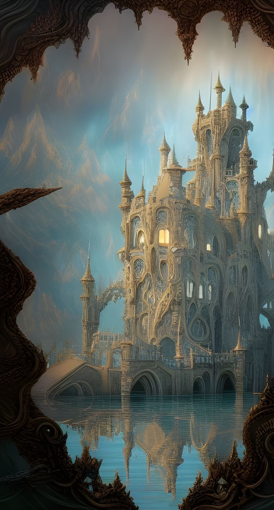 Ivory Babel Tower Castle in Mixed Media Style