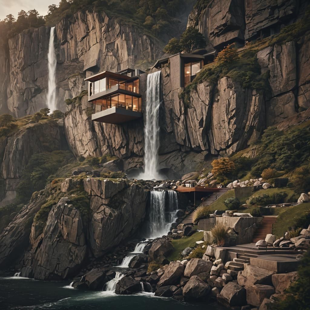 Modern House Blends with Waterfall Landscape