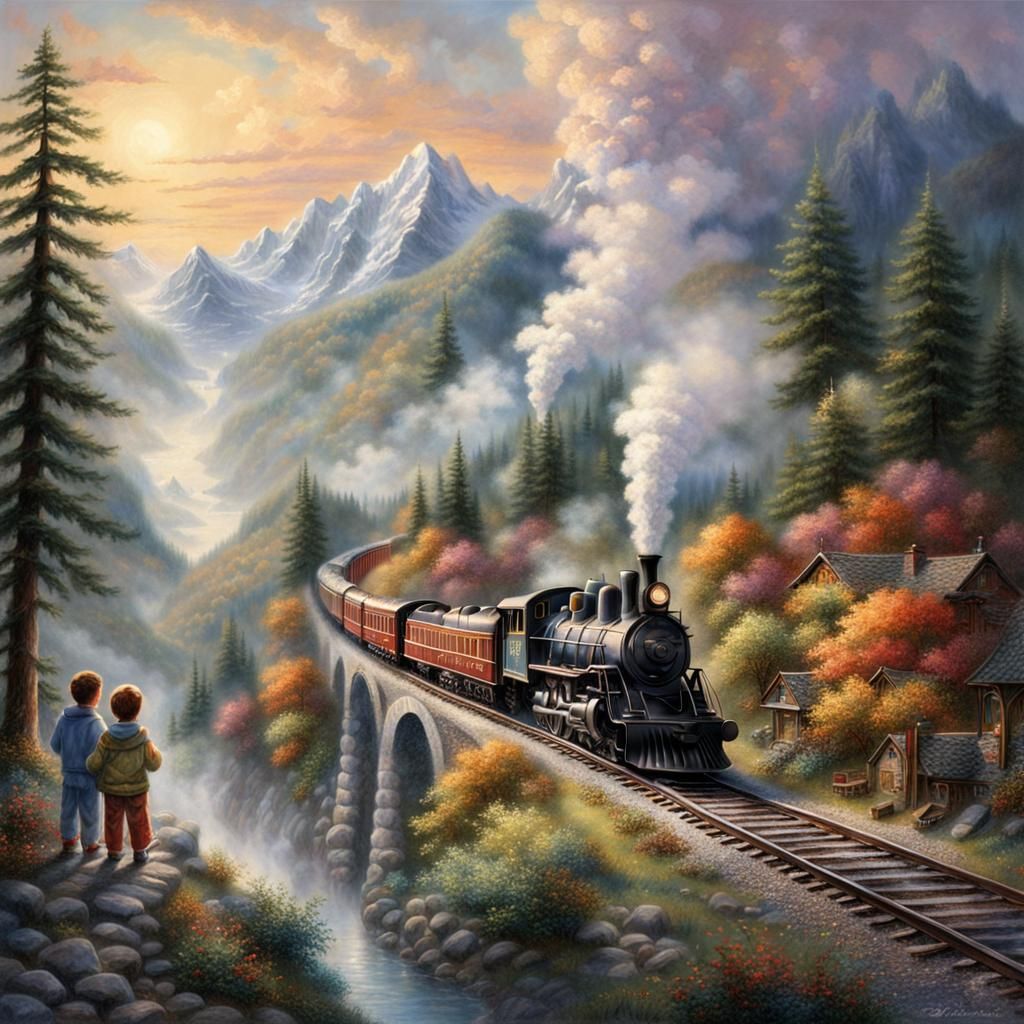 Enchanting Miniature Train Set in Kinkade Style