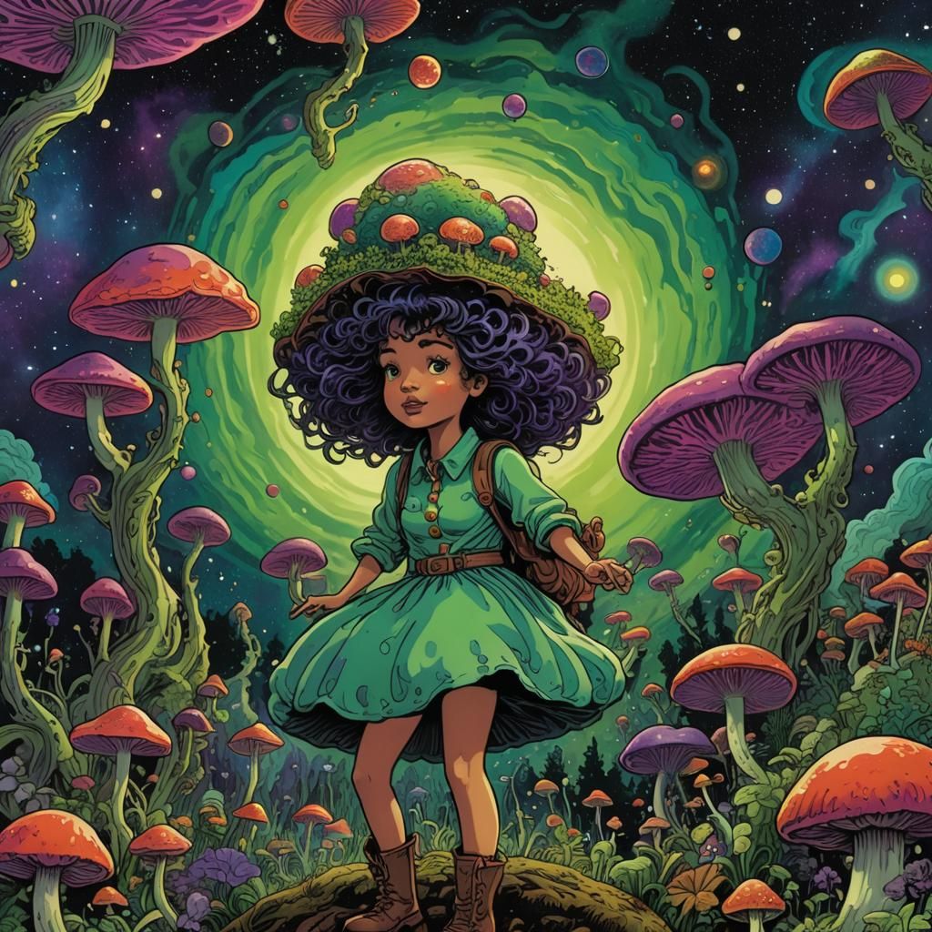Psychedelic Woman Rides Mushroom Through Galaxy