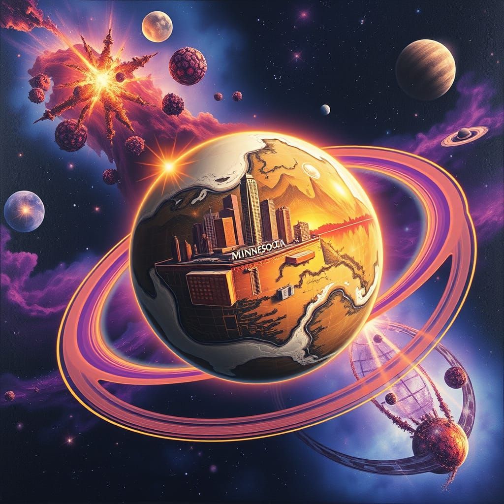 Minneapolis Globe in Cosmic Space with Gold and Purple Rings