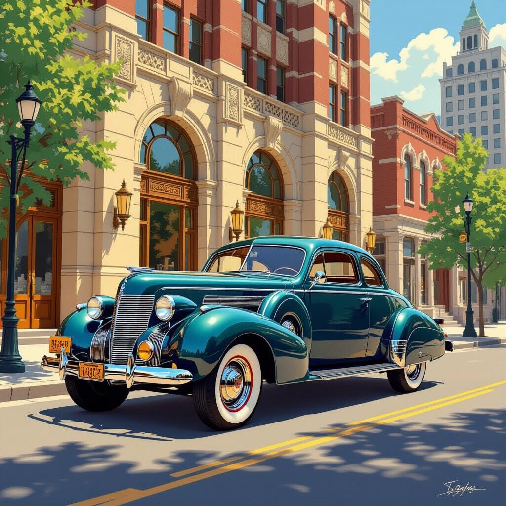 Vintage 1940s Car in Detroit, Art Deco Style