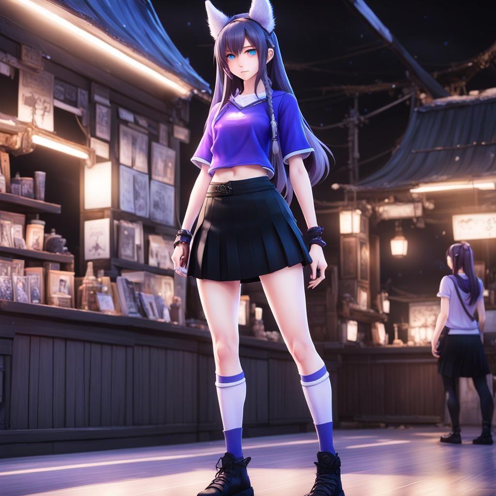 Kawaii Anime Girl with Werewolf Features in 3D Style