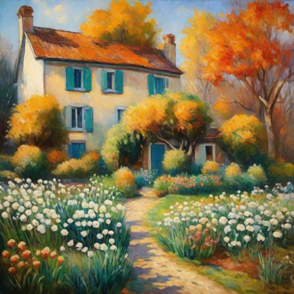 Autumn Garden Scene as Neo-Impressionism Oil Painting