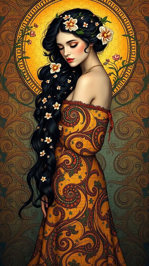 Beautiful Woman in Klimt-Inspired Art Nouveau Style