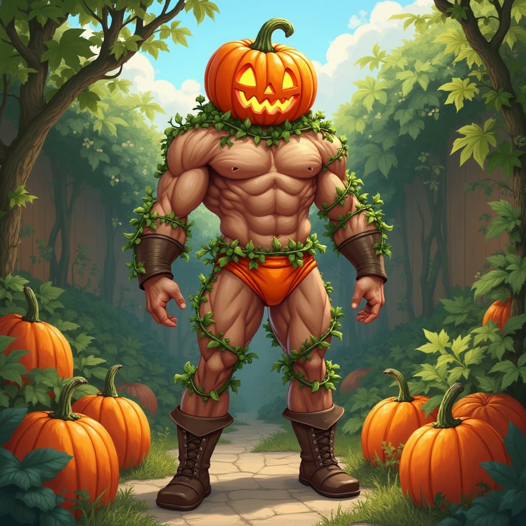 Pumpkin-Headed Man in Lush Summer Backyard
