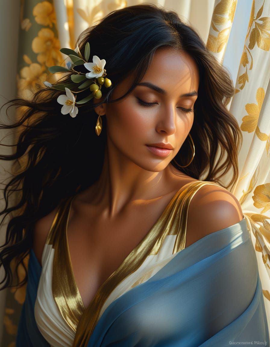 Woman Wrapped in Blossoms: Romantic Realism Portrait