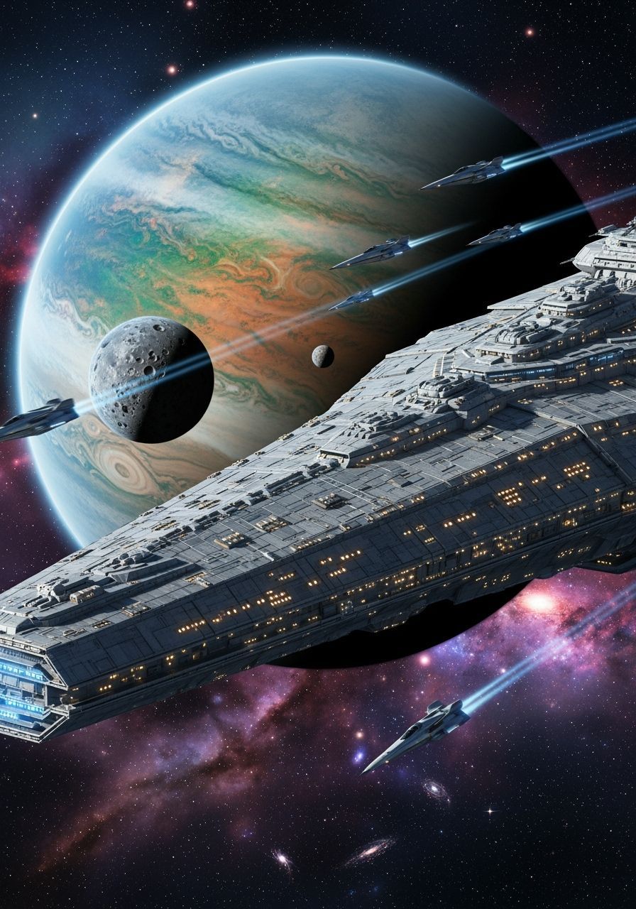 Detailed Starship in Orbit Above Gas Giant