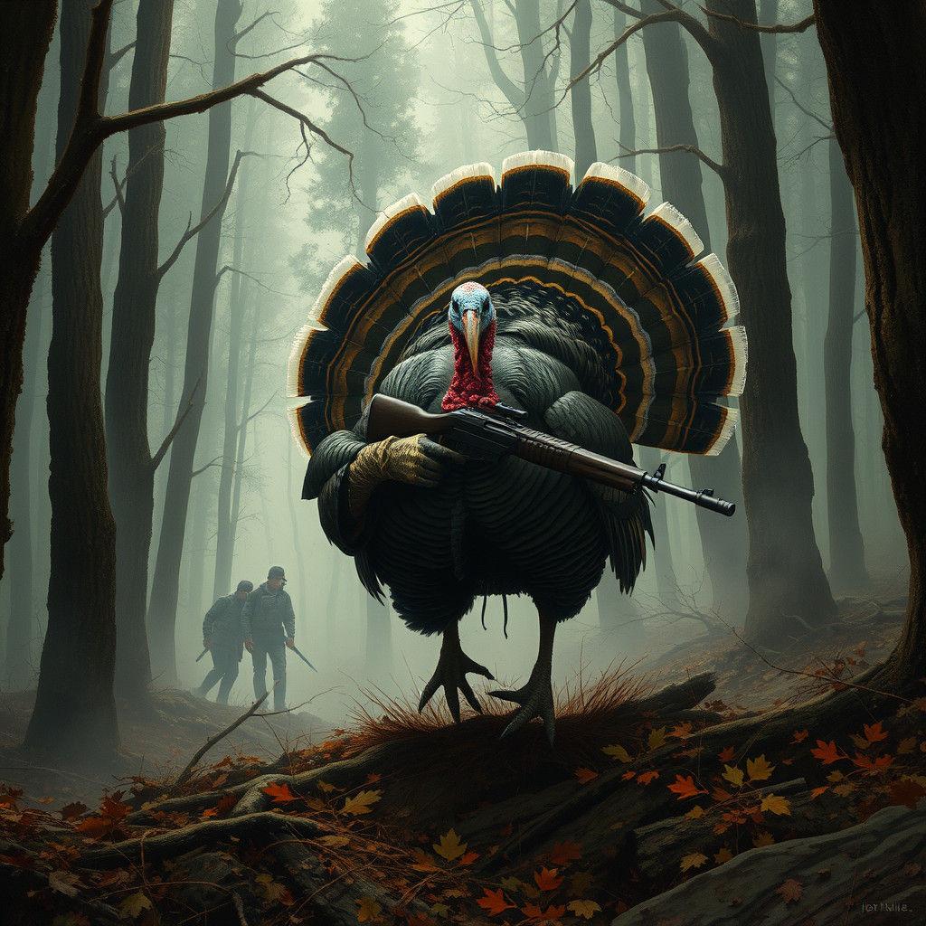 Camouflaged Turkey Hunter Stalks Humans in Forest