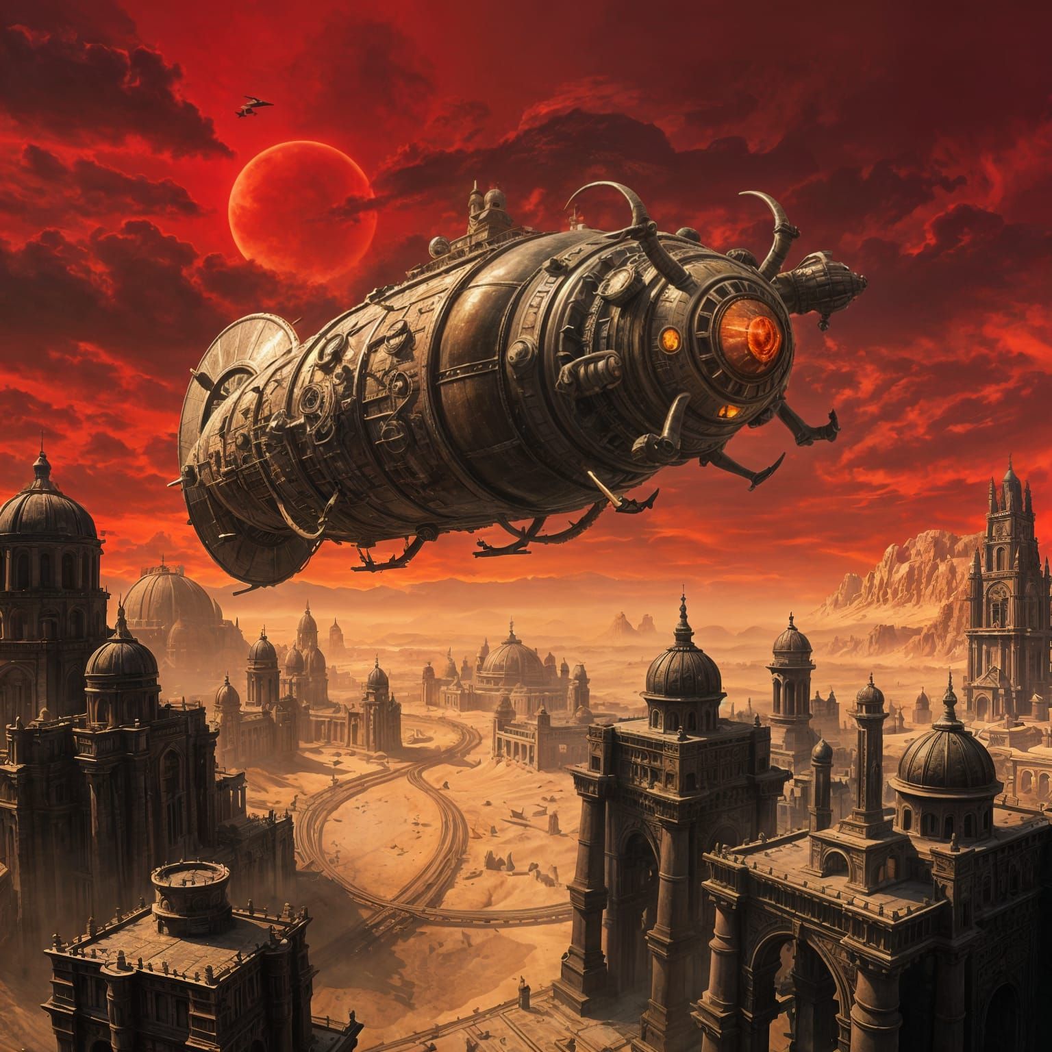 Steampunk Scarab Airship Soaring Above Desert City