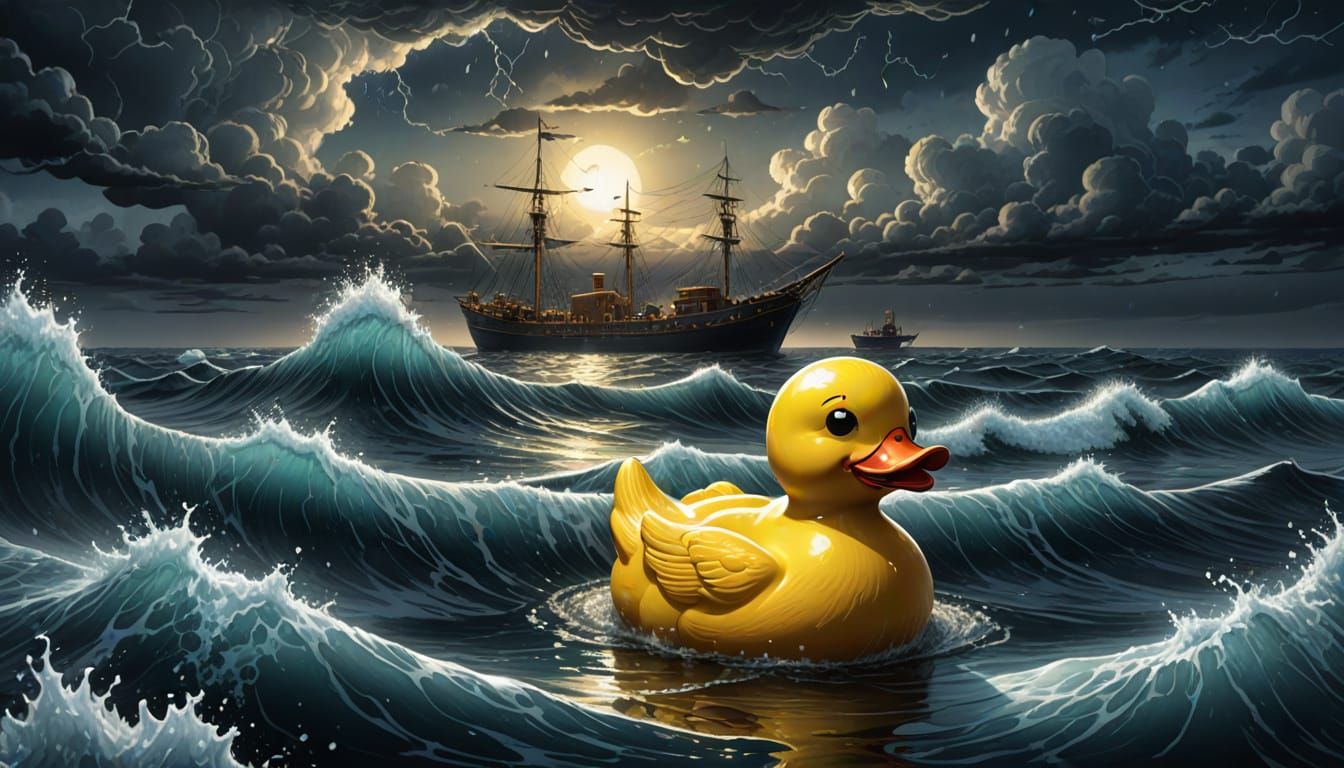 Majestic Nighttime Ocean Scene with Rubber Ducky in a Stormy...