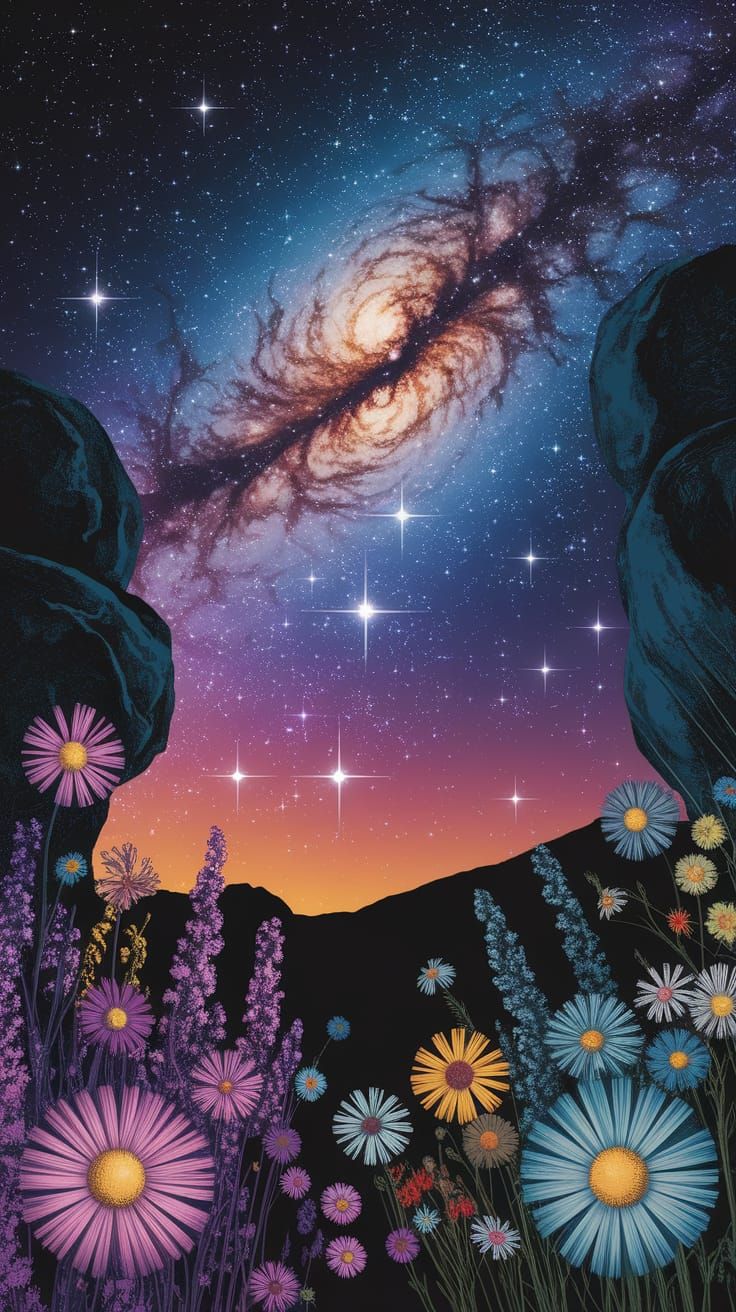 Galactic Flowers Between Boulders in Pulp Comic Style