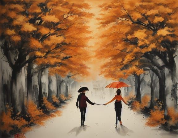 Couple Walks Through Autumn Park in Cozy Oil Painting Style
