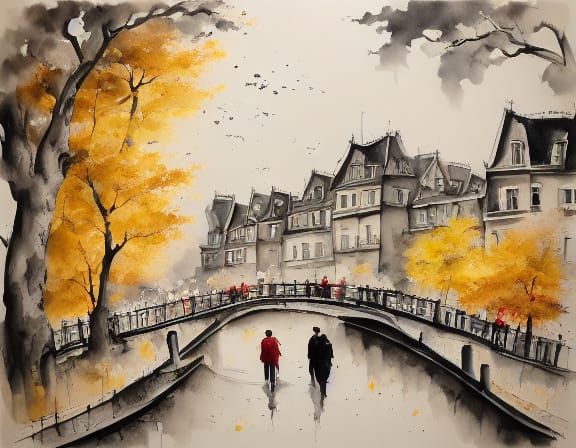 Whimsical Watercolor Couple in Autumn Park