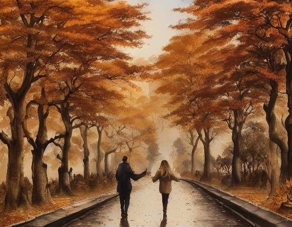 Cozy Autumn Park Scene in Oil Painting Style