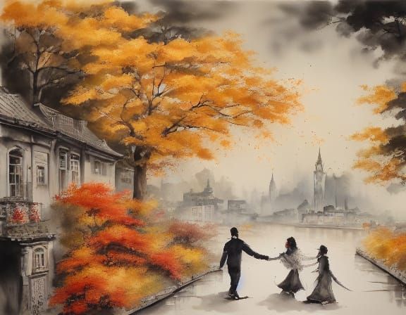 Autumnal Park Stroll in Watercolor Style