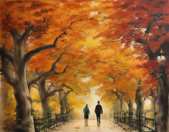 Autumnal Couple in Park Oil Painting