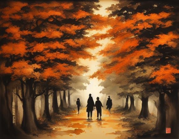 Couple Walking in Autumn Park as Cozy Oil Painting