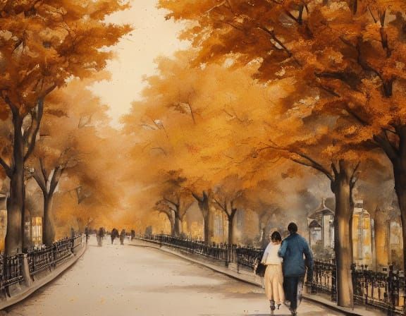 Couple Stroll in Golden Autumn Park, Oil Painting